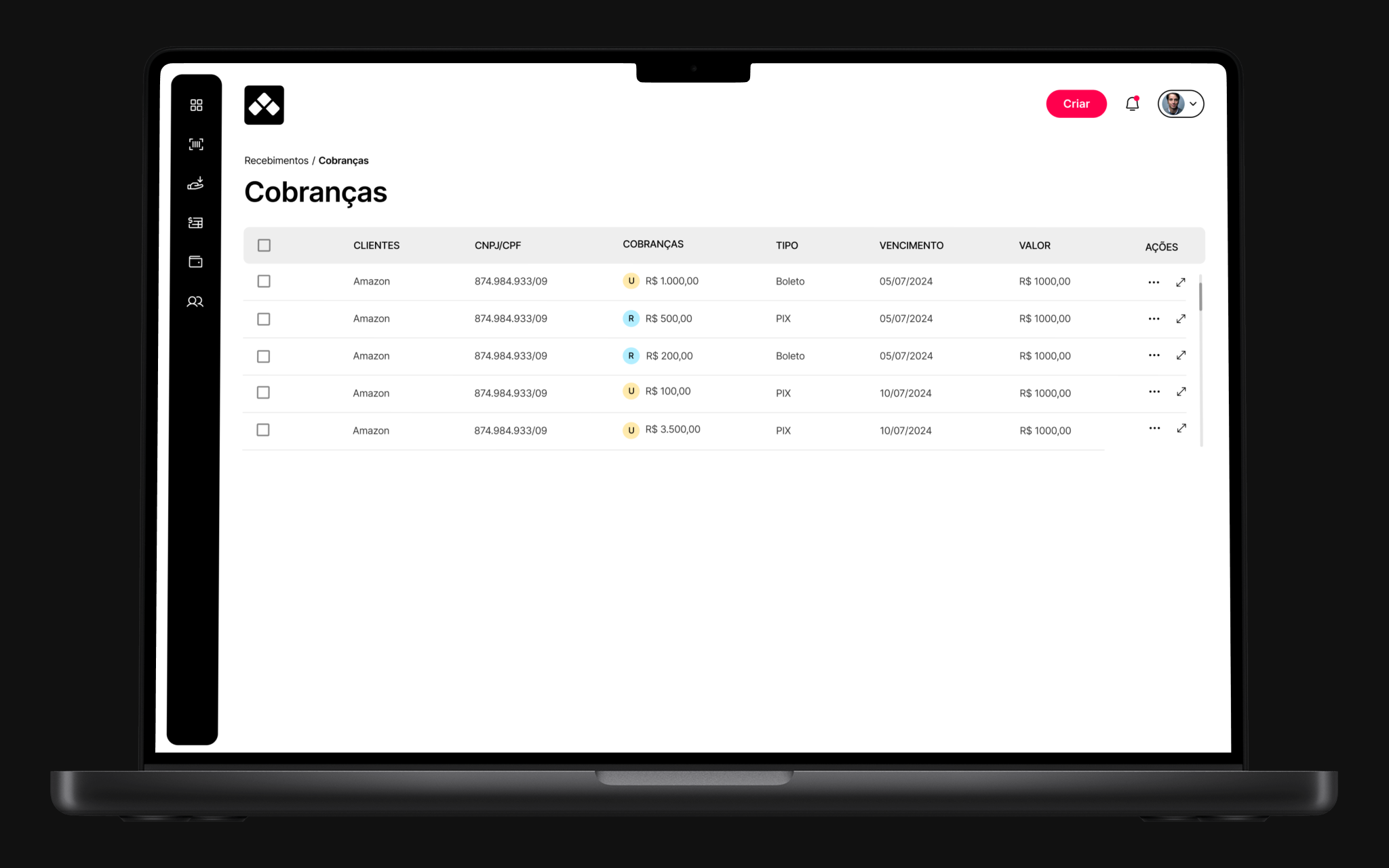 BHub Accounts Receivable — charges list with client, amount, payment type and due date