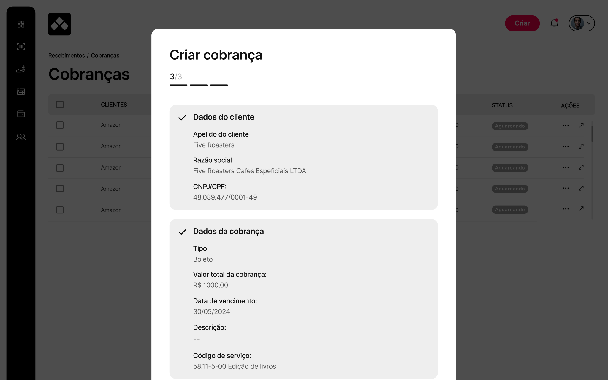 BHub — charge review step, confirming client and billing details before issuing