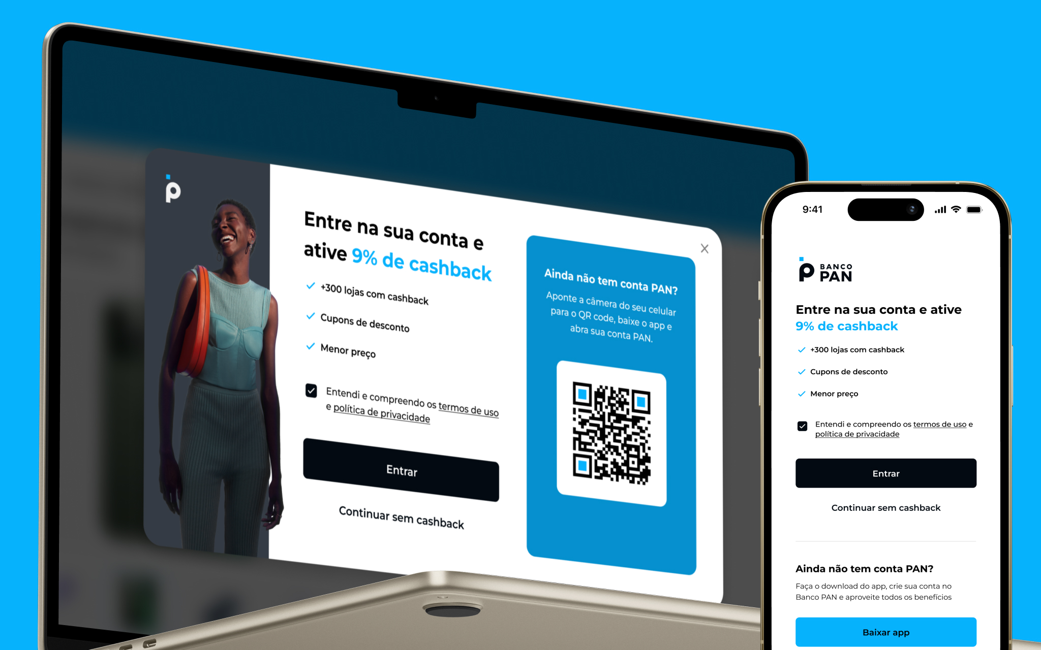 Shopping PAN — login screen with 9% cashback activation and account QR code