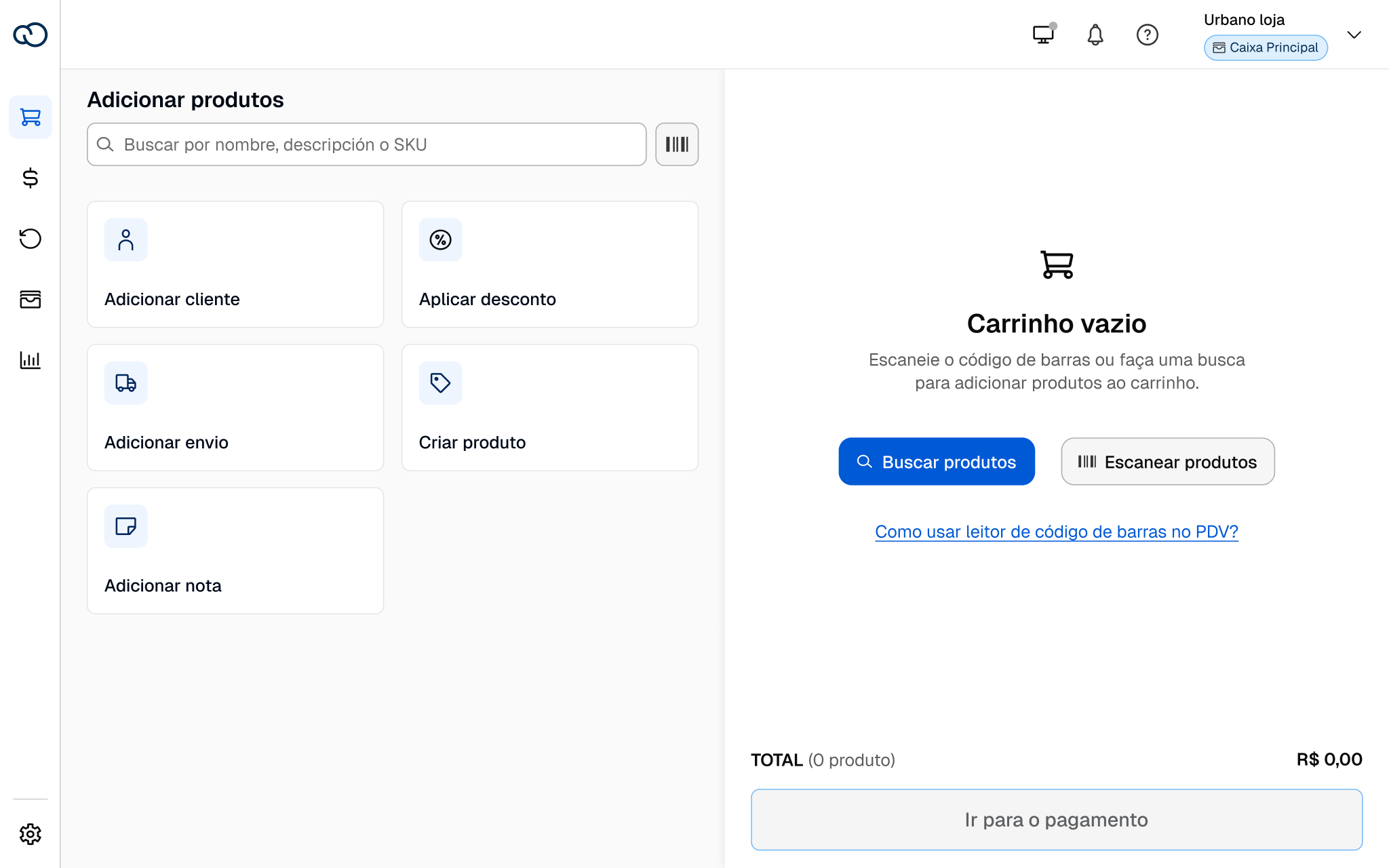 Nuvemshop POS — empty cart with barcode scanning and product search