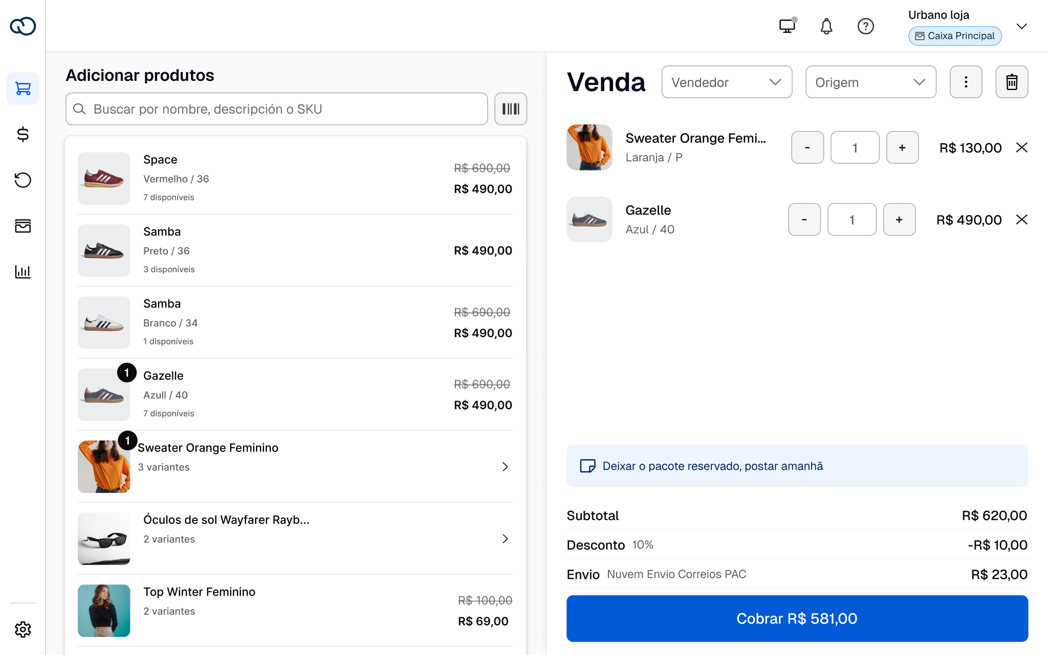 Nuvemshop POS — a sale in progress: product list, cart with discount and shipping