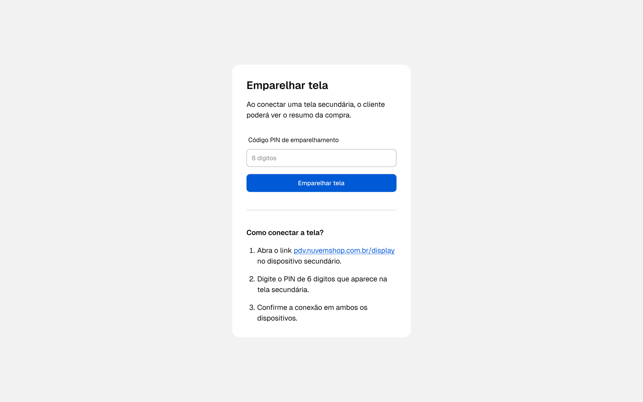 Nuvemshop POS — pairing the customer-facing screen with a PIN code