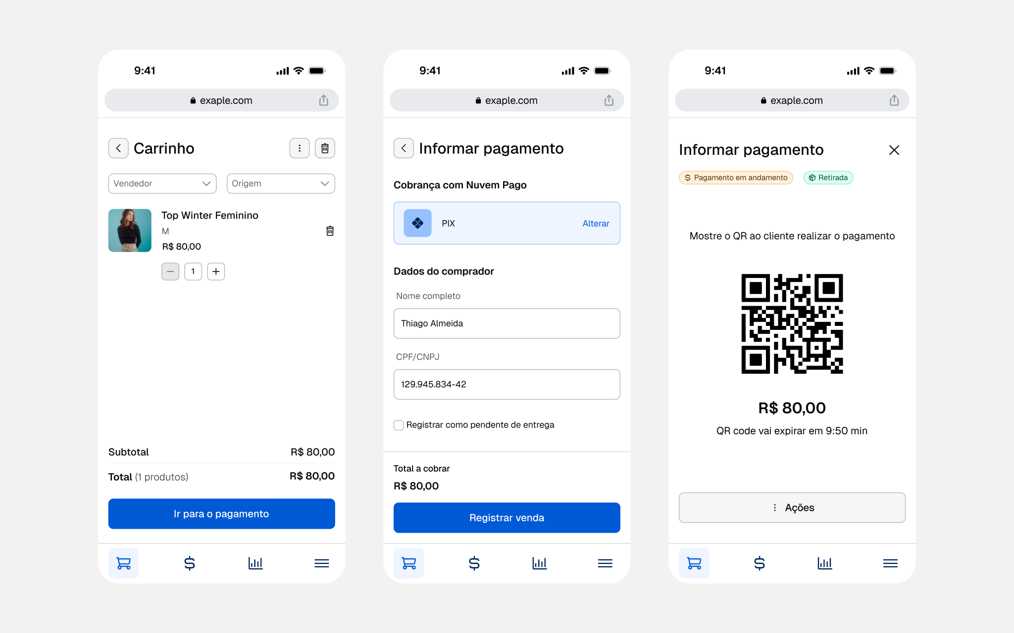 Nuvemshop POS on mobile — cart, native Pix payment and QR code checkout