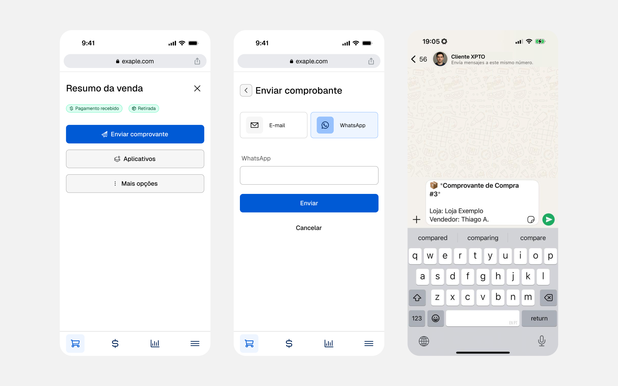 Nuvemshop POS on mobile — sale summary and digital receipt via WhatsApp