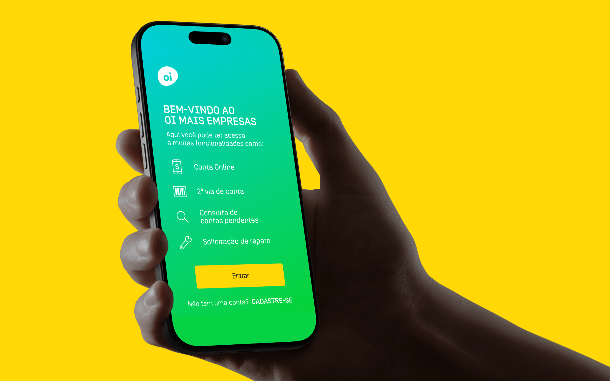 Oi Mais Empresas — welcome screen introducing account features: online billing, duplicate invoice, pending bills, repair requests