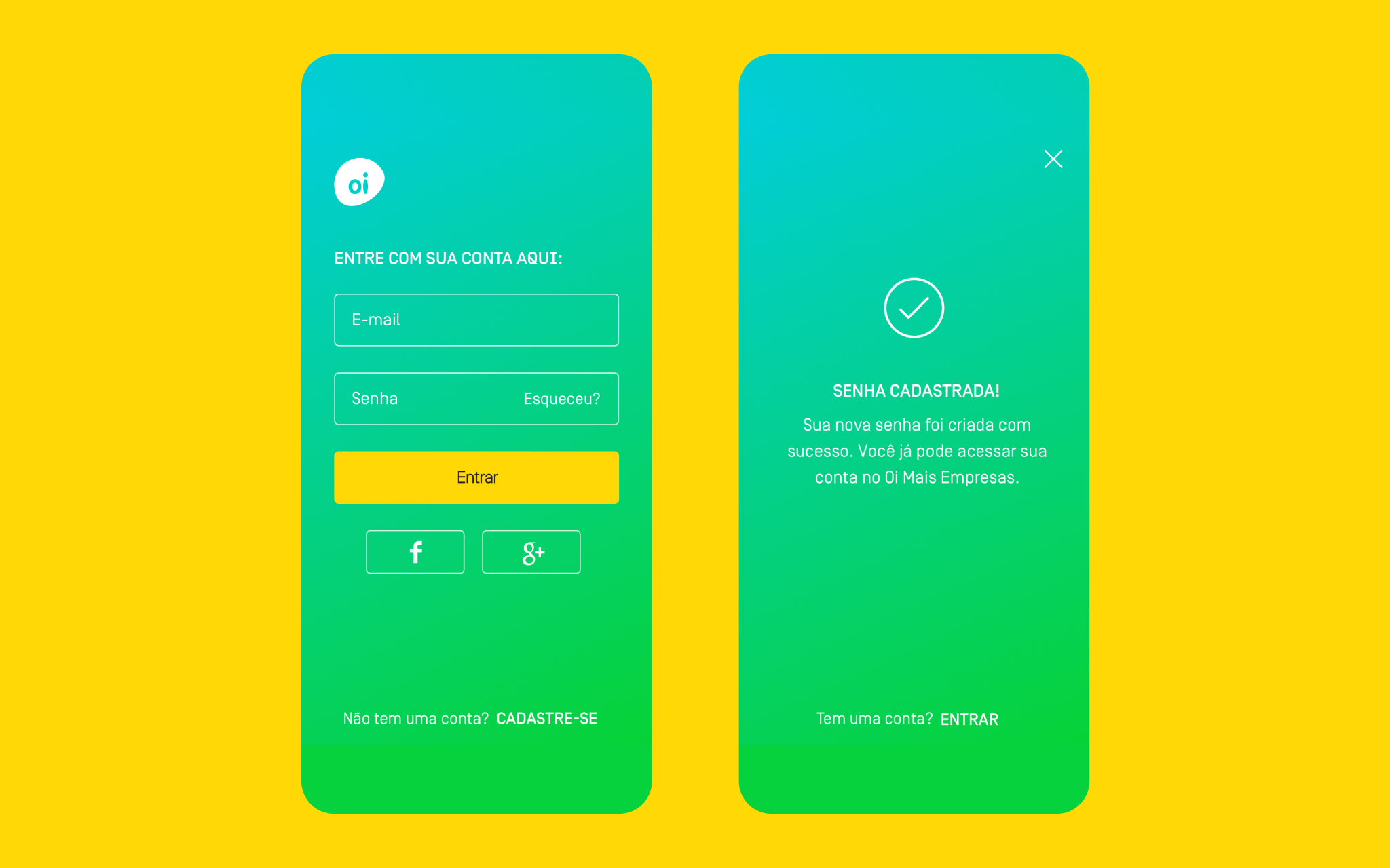 Oi Mais Empresas — login screen and password saved confirmation