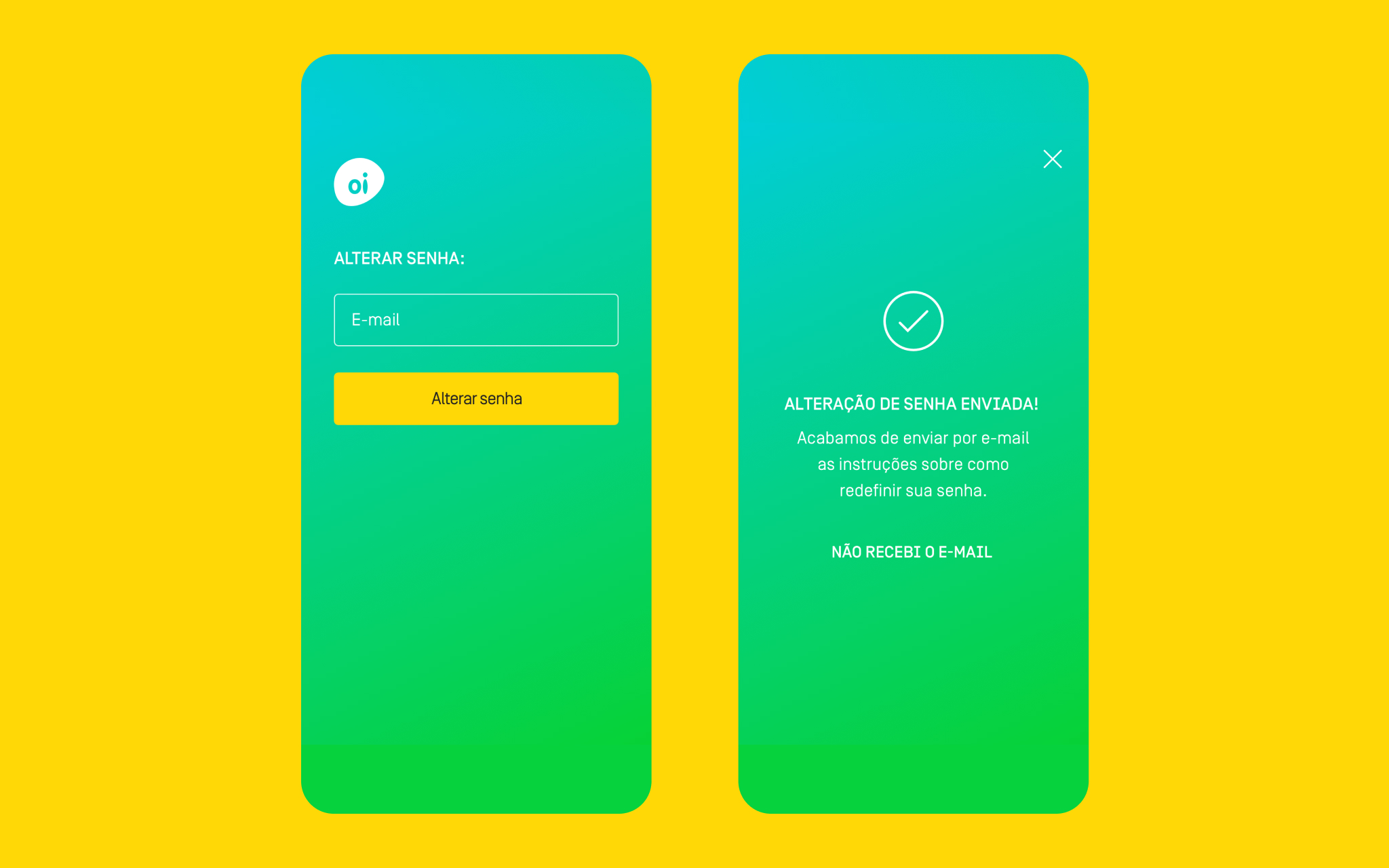 Oi Mais Empresas — change password screen and email confirmation sent