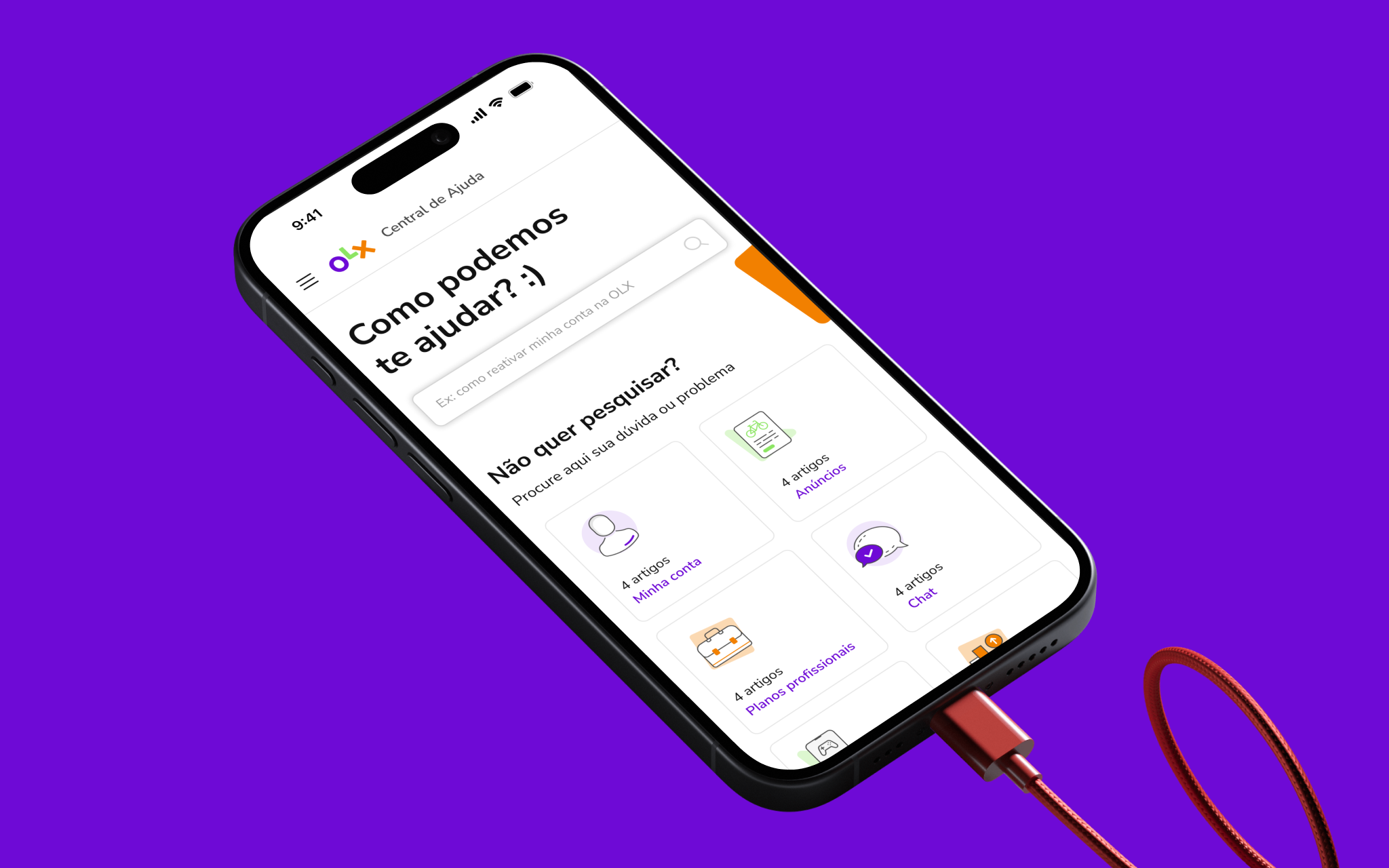 OLX Help Center homepage on desktop and mobile — search bar and main topics