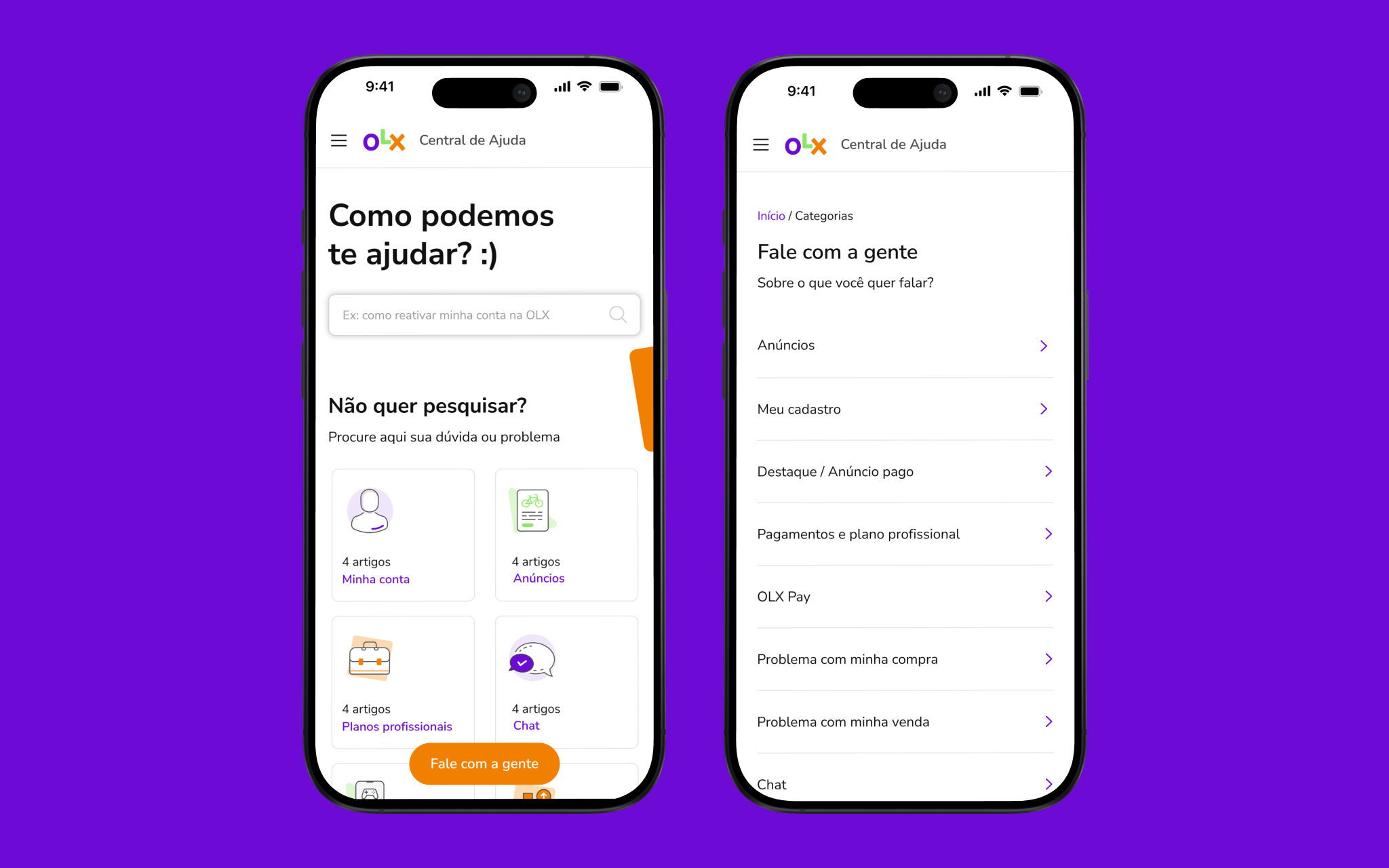 OLX Help Center on mobile — homepage and full category menu