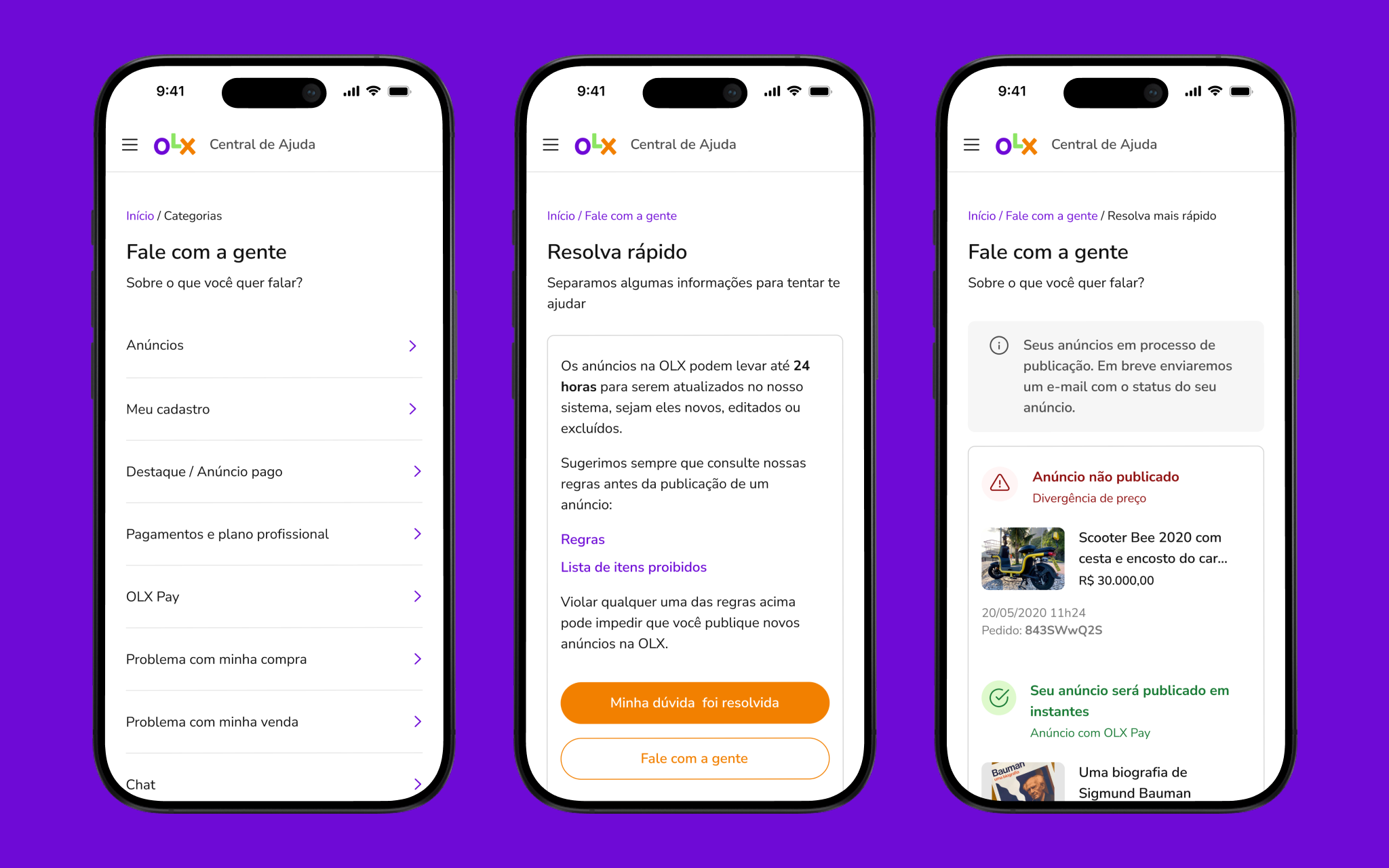 OLX Help Center — proactive guidance and listing status tracking, reducing the need to open a ticket