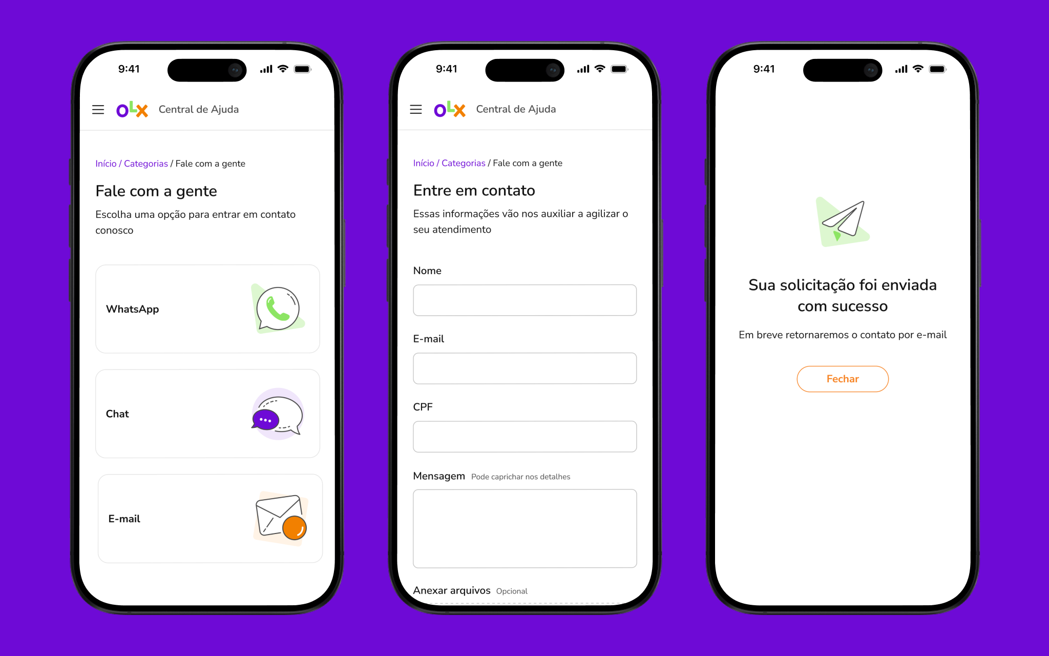OLX Help Center — contact flow from channel selection to confirmation