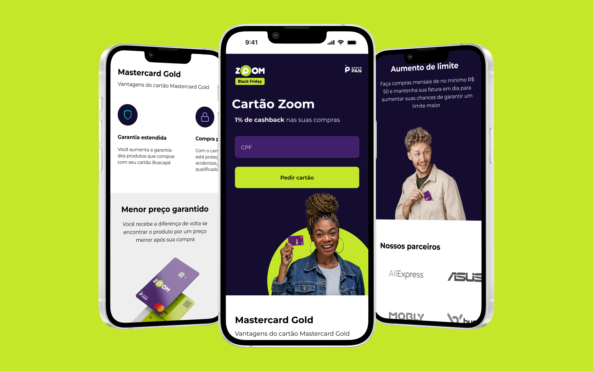 Zoom Card on mobile — landing page, benefits and partner stores like AliExpress, Asus and Mobly