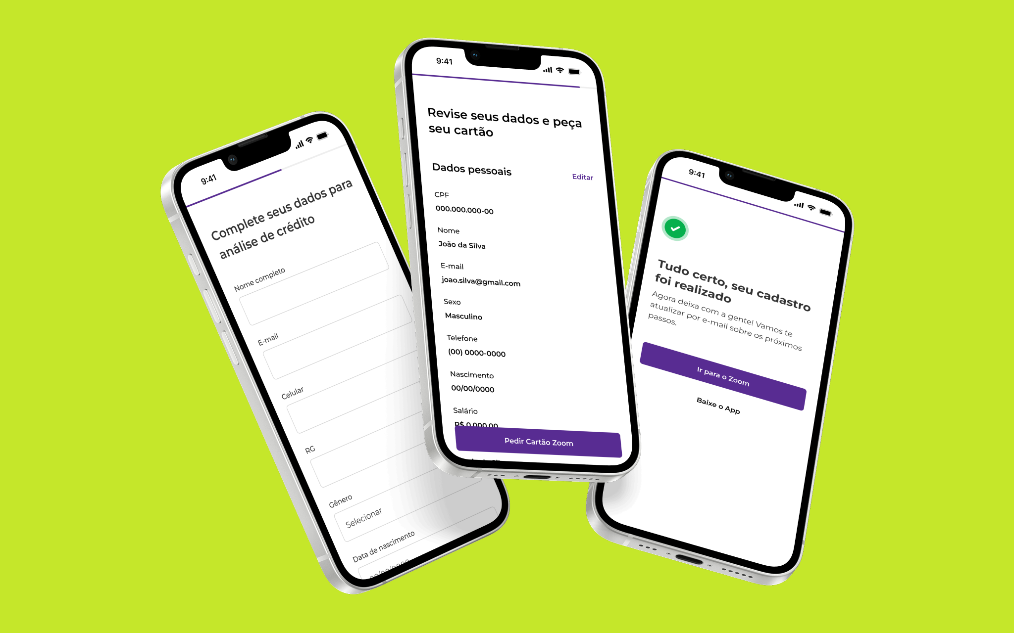 Zoom Card application flow — credit form, data review and signup confirmation